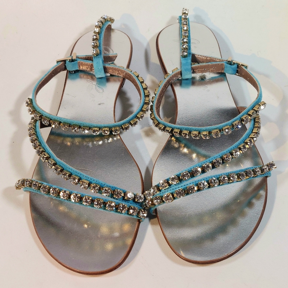 Giancarlo Paoli turquoise suede & rhinestone ankle strap sandals, size EU40, NEW